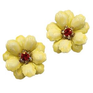 Vintage Yellow Enamel Flower Clip Earrings with Orange Rhinestone, MCM Pop Shine